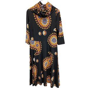 Lbysse Womens BOHO Midi Dress XL Black Paisley Cowl Neck 3/4 Sleeve Modest